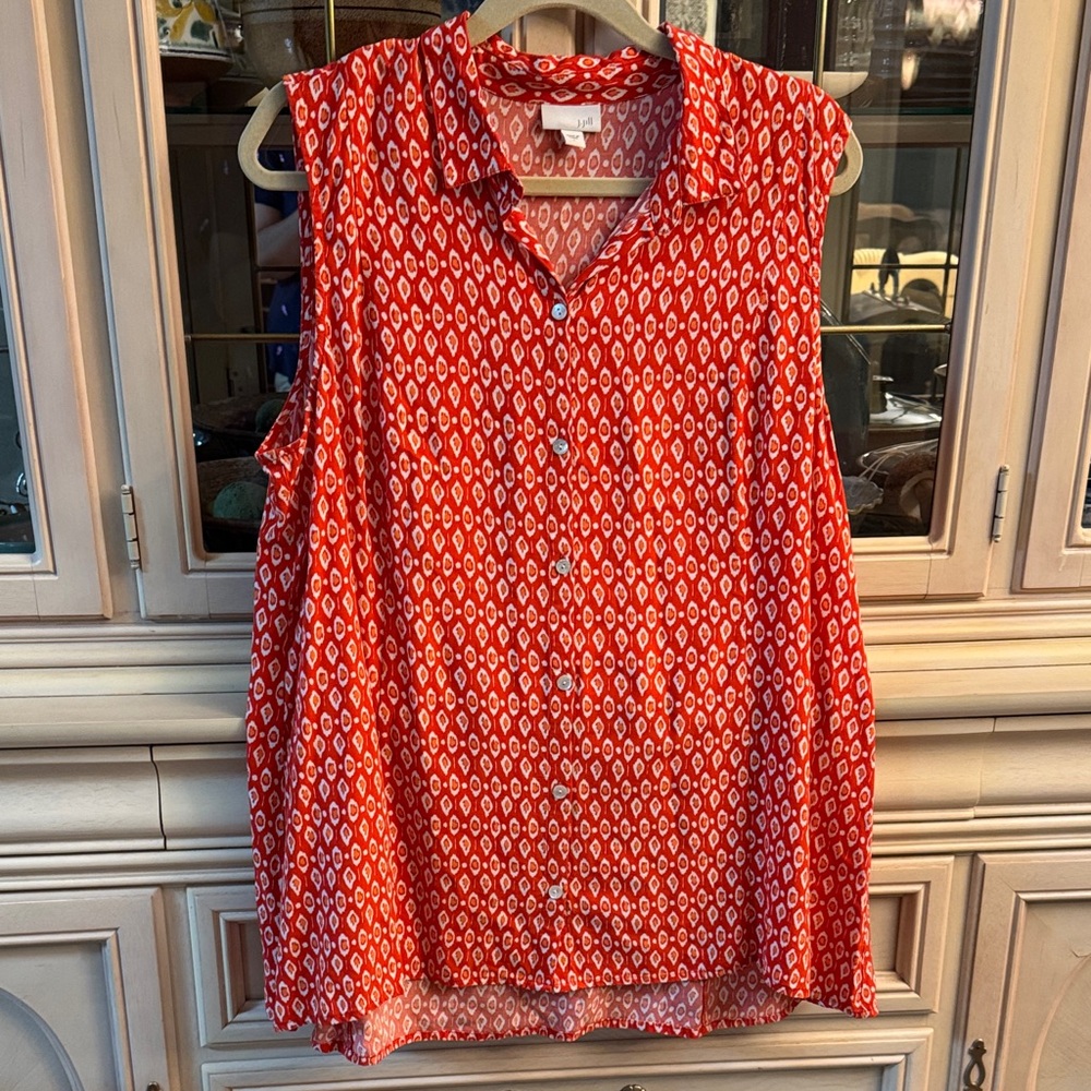 J. Jill Orange Ikat Patterned Sleeveless Button-Down Shirt